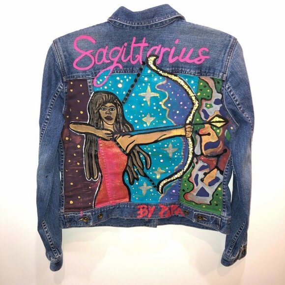 Lauren Jeans Medium Denim Jacket Hand Painted Sagittarius Eclectic Art To Wear - Picture 3 of 10